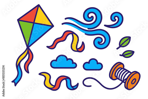 Kite and Wind Play. Isometric vector illustration set Kite String Wind: diamond-shaped kite, twisting wind currents, fluttering