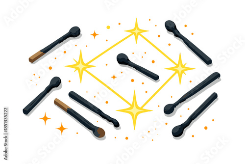 Burnt Matchstick Constellation. Isometric vector illustration set Burnt Matchstick Constellation: scattered burnt matches,