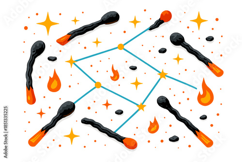 Burnt Matchstick Constellation. Isometric vector illustration set Burnt Matchstick Constellation: burnt matchstick fragments, tiny