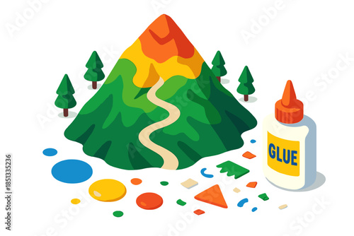 Paper Mache Mountain. Isometric vector illustration set Paper Mache Mountain: folded and layered paper peak, miniature trees,