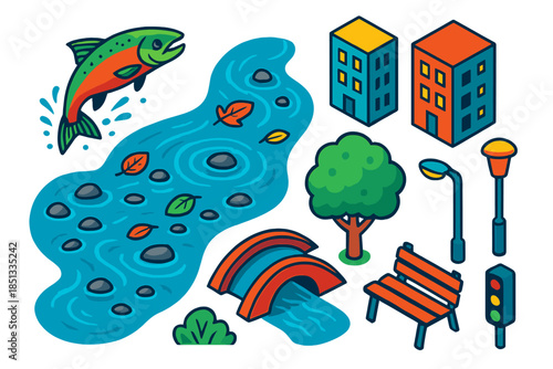 Urban River Salmon. Isometric vector illustration set Urban River Salmon: city river with leaping salmon, flowing ripples,