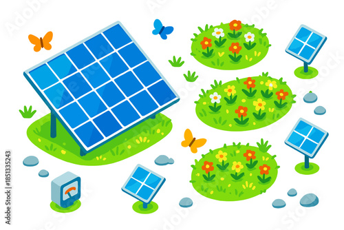 Solar Meadow Vistas. Isometric vector illustration set Solar Panel Meadow: solar array, flowering grass patches, scattered pebbles