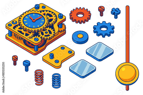 Intricate Clockwork Mechanics. Isometric vector illustration set Mechanics Clock: intricate clockwork, rotating gears, tiny screws