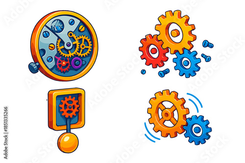 Mechanics Clockwork Dynamics. Isometric vector illustration set Mechanics Clock: detailed clockwork, exposed cogs, pendulum swing,