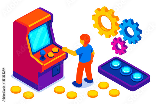 Vibrant Game Mechanics. Isometric vector illustration set Mechanic Player Interaction: game machine, miniature player, spinning