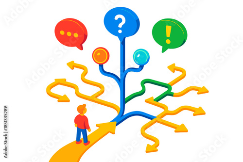 Interactive Story Tree. Isometric vector illustration set Narrative Choice Branch: story tree structure, branching pathways,