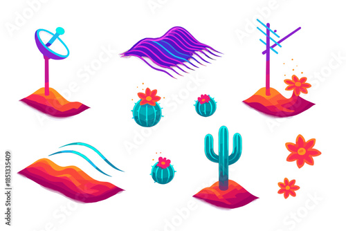 Neon Desert Antennas. Isometric vector illustration set Dune Antenna Bloom: neon desert antennas, glowing dune ridges, floating