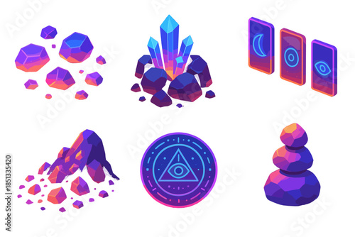 Neon Crystal Oracle. Isometric vector illustration set Talus Scree Oracle: luminous rock fragments, neon crystal clusters,