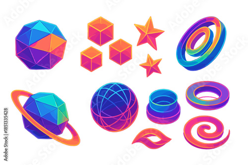 Neon Origami Universe. Isometric vector illustration set Recursive Paper Universe: neon origami planets, glowing paper cubes,