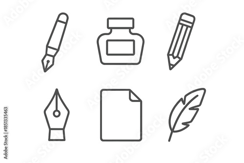 Line Style Writing Tools. Line style icons of Writing Tools: fountain pen, ink bottle, pencil form, calligraphy nib, paper sheet,
