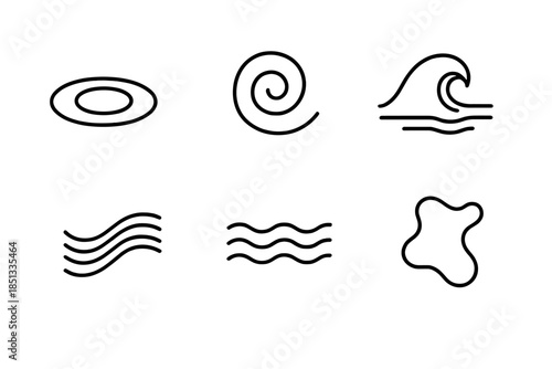 Water Motion Icons. Line style icons of Water Motion: ripple ring, soft swirl, tide pulse, stream curve, gentle flow, liquid