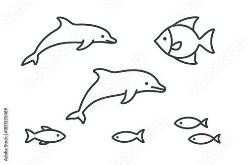 Line Style Aquatic Icons. Line style icons of Aquatic Creatures: slender swimmer, curved fin shape, small aquatic form,