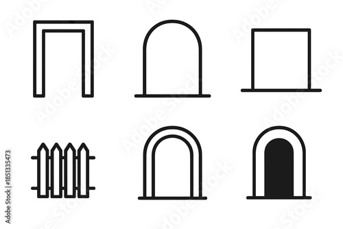 Entrance Line Icons. Line style icons of Entrances: doorway outline, portal curve, threshold line, fenced entry, arch frame,