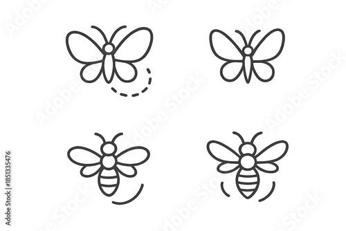 Insect Line Icons. Line style icons of Insects: small winged form, delicate wings, tiny body, segmented shape, hovering outline,