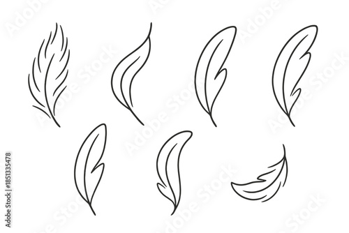 Line Style Plume Icons. Line style icons of Light Plumes: airy plume, soft curve, thin quill, delicate barb shape, loose feather
