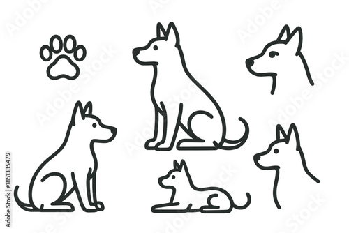 Loyal Animal Icons. Line style icons of Loyal Animals: attentive posture, pointed ears, steady gaze, smooth tail arc, gentle paw,