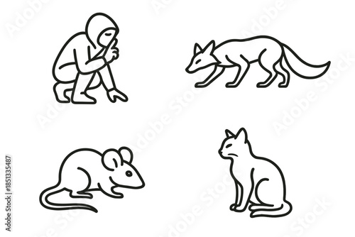 Stealth Creature Icons. Line style icons of Stealth Creatures: quiet figure, low stance, sharp ear arc, flowing tail, subtle