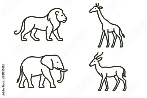 Savannah Creature Icons. Line style icons of Savannah Creatures: roaming outline, warm-land mammal form, curved body line, long