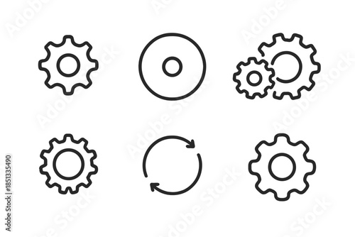 Mechanical Icons. Line style icons of Mechanical Shapes: tiny sprocket, smooth wheel, linked cog pair, angular tooth ring,