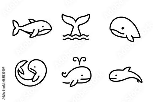 Whale Icon Collection. Line style icons of Whale: swimming whale, whale tail, whale head, curved body, water spout, minimal fin.