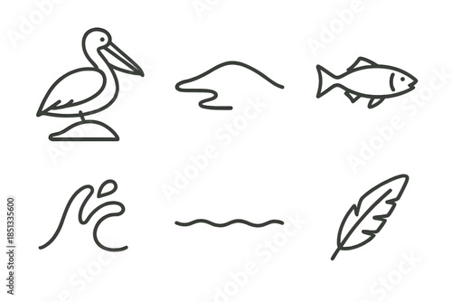 Shoreline Prey Icons. Line style icons of Shoreline Prey Scene: perched pelican form, smooth sand, fish silhouette, splash curve,