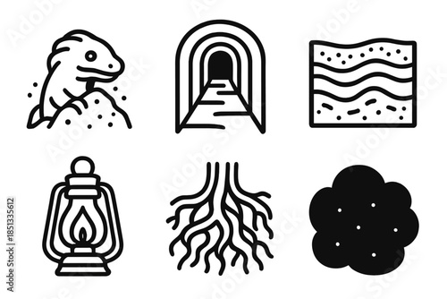 Underroot Refuge Icons. Line style icons of Underroot Refuge Shine: creature hint, deep corridor, soil contour, glowing lamp, root