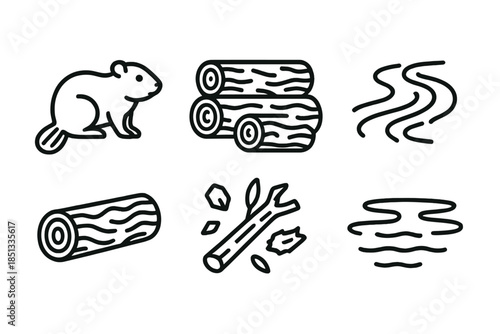 Timber Lodge Icons. Line style icons of Timber Lodge Builder: small rodent form, log barrier, water stream, cut wood, branch chips