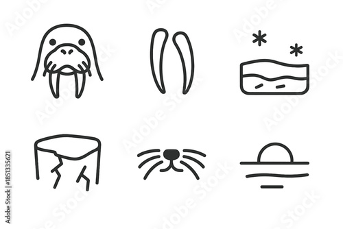 Snowbound Walrus Icons. Line style icons of Snowbound Tusk Scene: walrus outline, sleek tusks, snow sheet, frozen crust, whisker