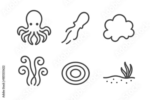 Cephalopod Inky Trail. Line style icons of Cephalopod Dark Plume: creature outline, inky trail, soft cloud, curling limbs, water