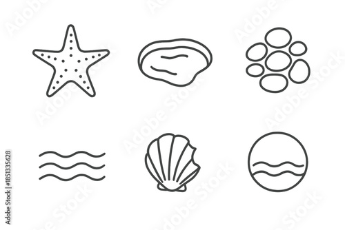 Tidal Star Icons. Line style icons of Tidal Star Form: sea star outline, shallow pool, pebble patch, shell bit, soft waves,
