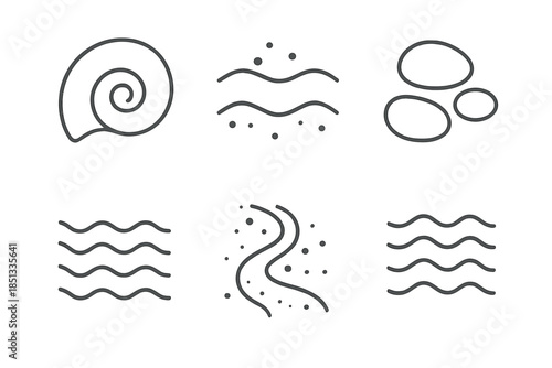 Shore Shell Icons. Line style icons of Shore Shell Conceal: curved shell, sand layer, tiny grit, smooth stones, ripple marks,