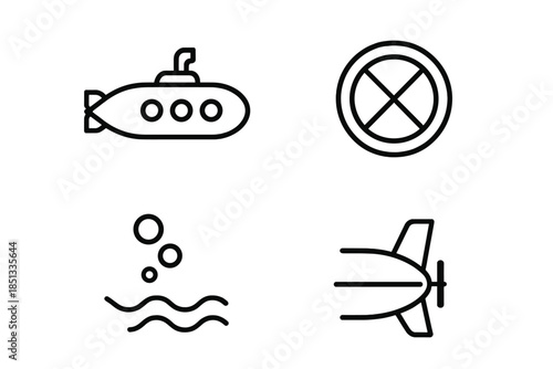 Depth Hatch Glide Icons. Line style icons of Depth Hatch Glide: streamlined sub, hatch outline, deep-sea motion, rear stabilizer,