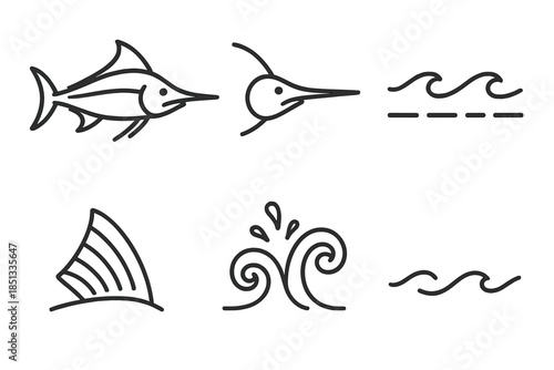 Deepwater Bill Runner Icons. Line style icons of Deepwater Bill Runner: swift fish form, long rostrum, sea lanes, fin detail,