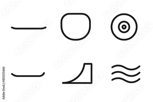 Skate Flow Icons. Line style icons of Skate Flow Curve: deck profile, bowl edge, wheel arc, tail lift, ramp contour, air ripple.