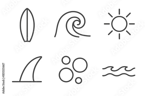 Sunlit Wave Icons. Line style icons of Sunlit Wave Ride: board outline, curling tube, bright sun, rail edge, foam rings, sea trace