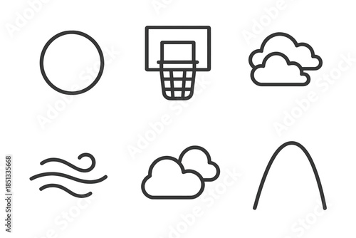 Basket Air Trek Icons. Line style icons of Basket Air Trek: floating sphere, basket frame, subtle clouds, airflow lines, sky