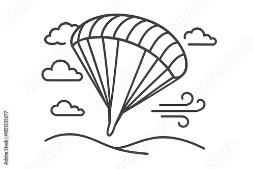 Freefall Line Art. Line style icons of Freeair Canopy Scene: chute shape, drifting clouds, soft curve, strap lines, wind arcs,