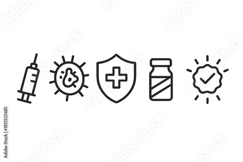 Immuno Dose Icons. Line style icons of Immuno Dose Symbol: medical injector, simplified microbe, cure bead, container edge, safety