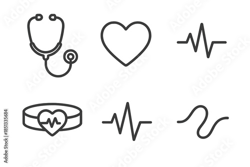 Life Rhythm Icons. Line style icons of Life Rhythm Listen: medical scope, soft heart, steady beat, chest band, signal line, calm