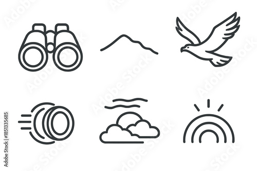 Ridge Optic Icons. Line style icons of Ridgeflight Optic Scene: binocular outline, ridge edge, gliding eagle, lens motion, sky