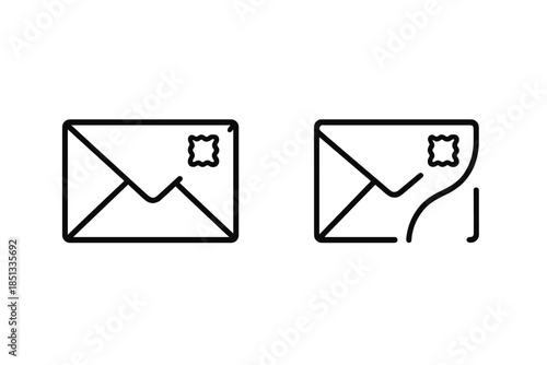 Hidden Mail Icons. Line style icons of Hidden Mail Piece: closed letter, printed stamp, flap line, paper ridge, unseen hint, airy