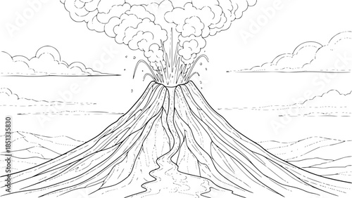 Volcano Erupting Smoke and Lava in Coloring Book Style Black and White Outline Line Art Drawing
