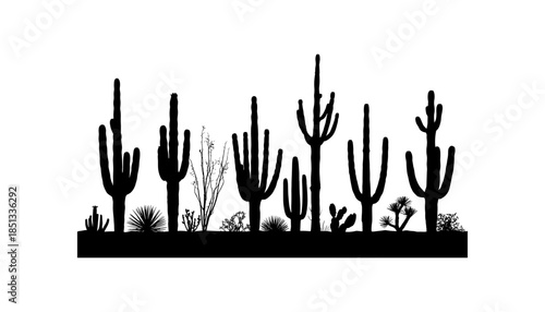 Cactus silhouette set of vector illustrations design, Various isolated  cactus logo shapes in black on white background, line art cactus desert flower character symbol, icon and sketch imitation