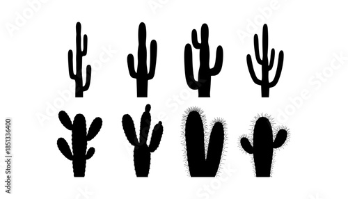 Cactus silhouette set of vector illustrations design, Various isolated  cactus logo shapes in black on white background, line art cactus desert flower character symbol, icon and sketch imitation