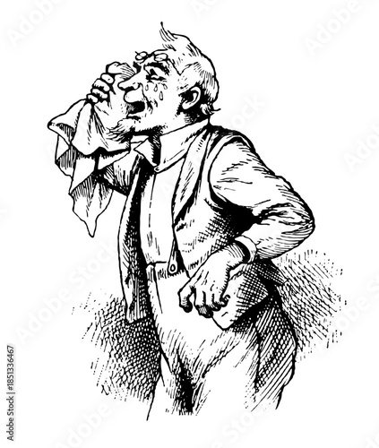 Old man in a jacket, laughing so hard that he's crying. Holding a handkerchief.