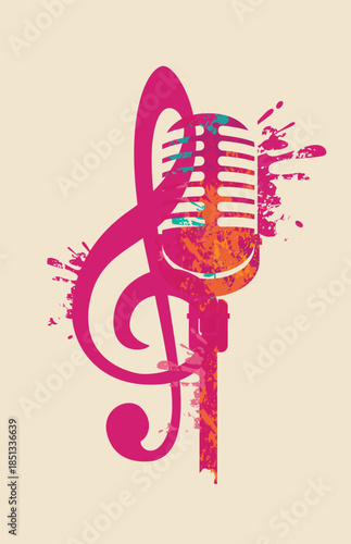 Vector logo, or banner for a music with vocal microphone and treble clef . Suitable for flyer, invitation, poster, cover, icon, vocal school, advertising, music festival. No ai