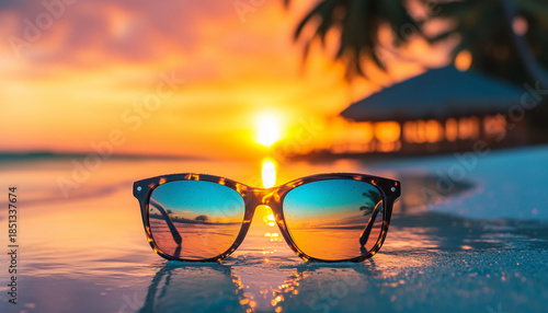 Wallpaper Mural Black framed glasses reflect tropical beach sunset scene with palm trees and calm ocean water. Goggles sit on wet sand near sea waves Torontodigital.ca