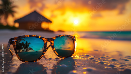 Wallpaper Mural Black framed glasses reflect tropical beach sunset scene with palm trees and calm ocean water. Goggles sit on wet sand near sea waves Torontodigital.ca