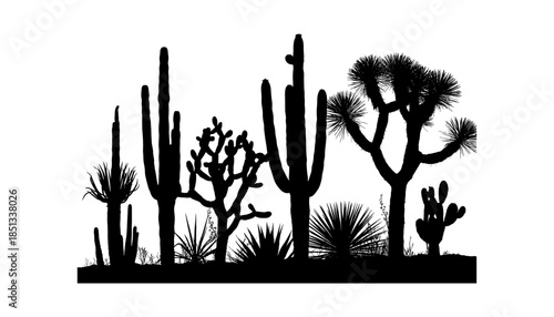 Cactus silhouette set of vector illustrations design, Various isolated  cactus logo shapes in black on white background, line art cactus desert flower character symbol, icon and sketch imitation
