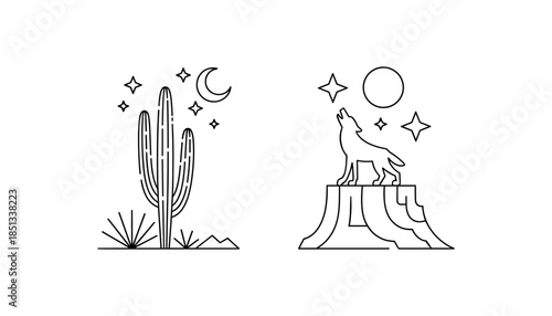 Cactus silhouette set of vector illustrations design, Various isolated  cactus logo shapes in black on white background, line art cactus desert flower character symbol, icon and sketch imitation